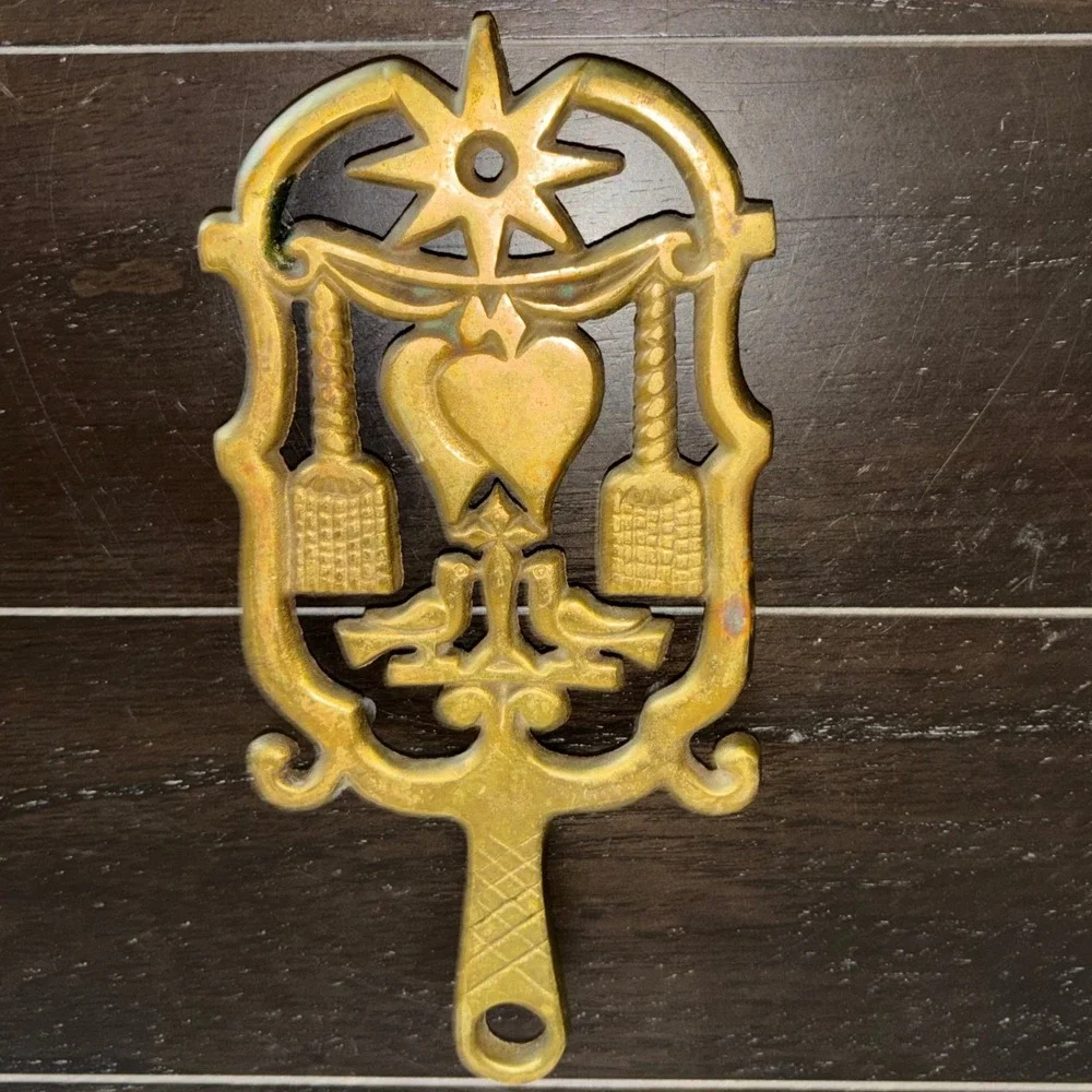 Vintage Brass Trivet | Hearth Stand | Pot Holder | Heart Birds‎ Sun Symbol